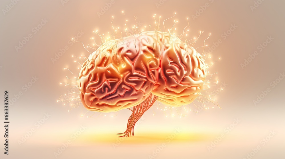 Poster a computer generated image of a human brain with a lot of lightening. generative ai