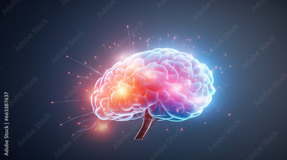 Poster a computer generated image of a human brain with a blue background. generative ai