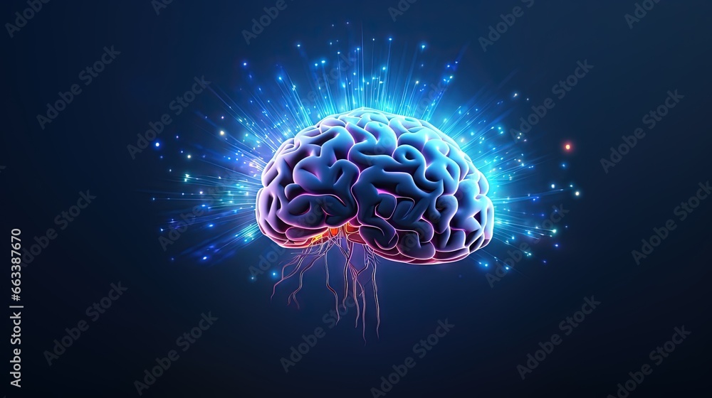 Poster a computer generated image of a human brain with blue and pink lights. generative ai