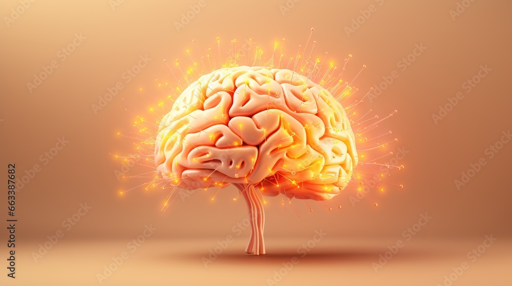 Poster a computer generated image of a brain on a brown background. generative ai