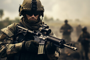 Soldier in tactical uniform in battle field - obrazy, fototapety, plakaty
