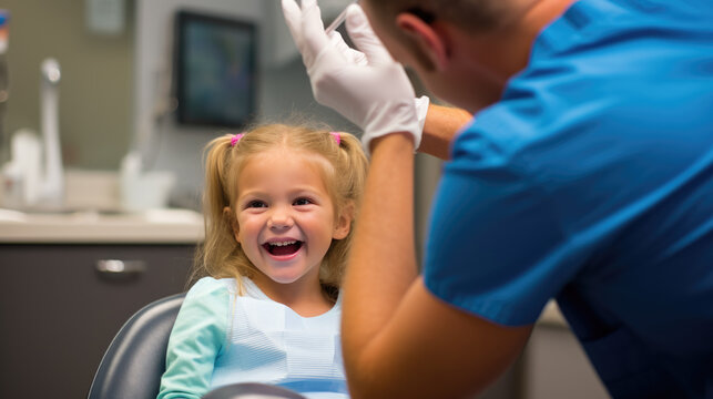 Little girl smiles at a dentist appointment.