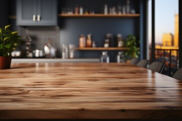 Seamless wooden table in a modern kitchen room with soft focus