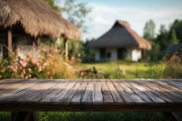 Fototapeta na wymiar Rustic charm An empty wooden table with a garden and house in the blurred background