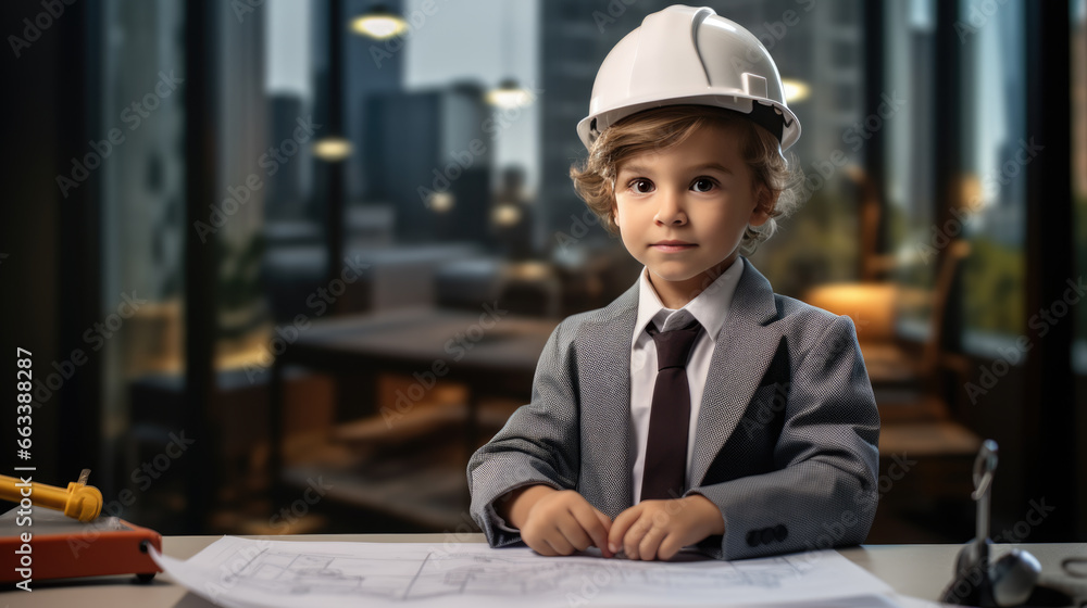 Aufkleber portrait of a little boy looking like an engineer or architect wearing a helmet with blueprints on a