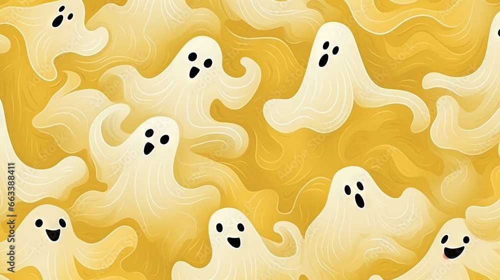 Poster a group of ghost faces in a pattern of yellow and white. generative ai