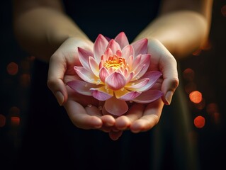 woman hand hold bloom lotus flower