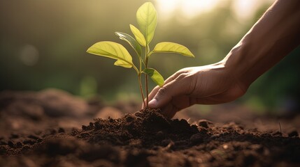 Man hand plant tree on fertile ground. concert nature - obrazy, fototapety, plakaty