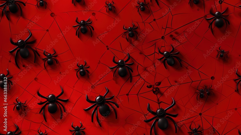Poster a group of black and red spider webs on a red background. generative ai