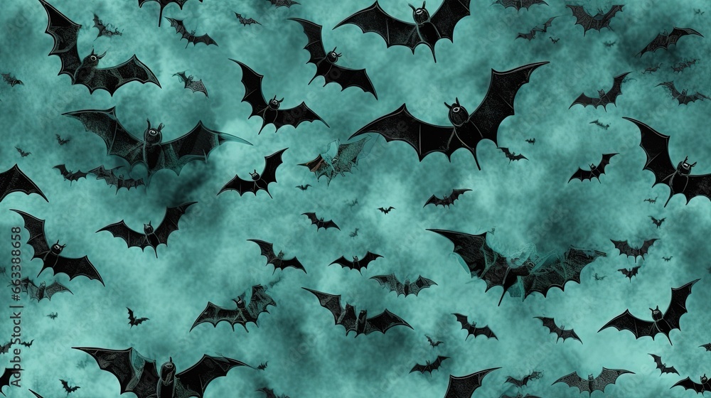 Poster  a group of bats flying through a cloudy sky with bats.  generative ai