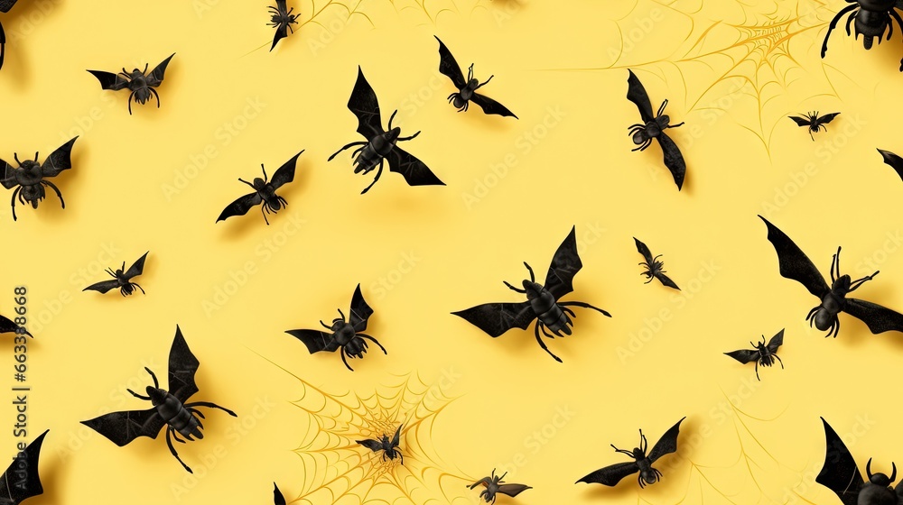 Poster a group of bats flying over a web of spider webs. generative ai