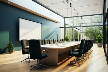 Side view of a well appointed office conference room interior