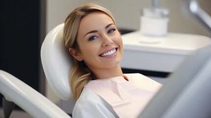 Woman in a dental office having a seat in a medical chair and smiling