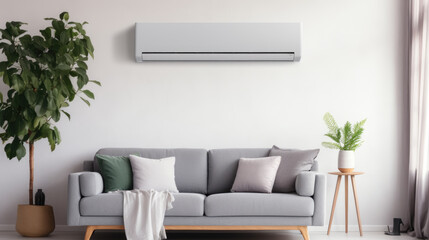 Air conditioner on white wall in modern room with stylish grey sofa