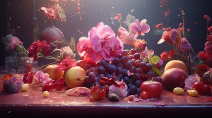  a bunch of fruit and flowers on a table with a dark background.  generative ai