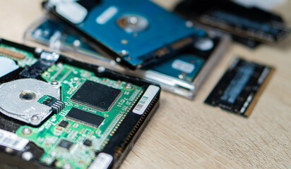cyber data attack concept : broken laptop ,crash motherboard ,memory hard disk electronic hardware...