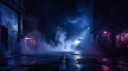 Night dark empty street, smoke, smog, fog, neon light, spotlights. Generation AI