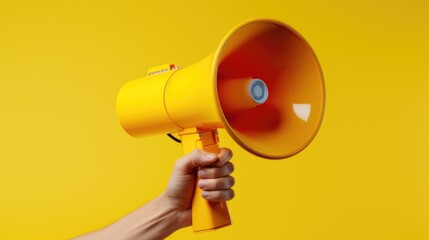 Hand holds a megaphone on a yellow background. Concept of hiring, advertising