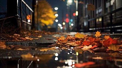 Autumn leaves in puddles, rainy autumn. Generation AI - obrazy, fototapety, plakaty
