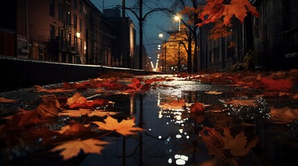 Autumn leaves in puddles, rainy autumn. Generation AI