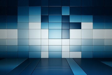 Squares create a dynamic abstract backdrop in white and dark blue