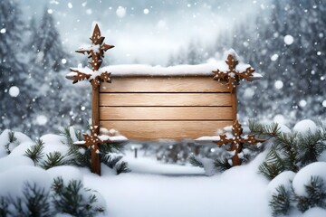 Wooden sign in snow Christmas.