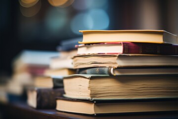 Stacks of books atop a table against a librarys blurred backdrop