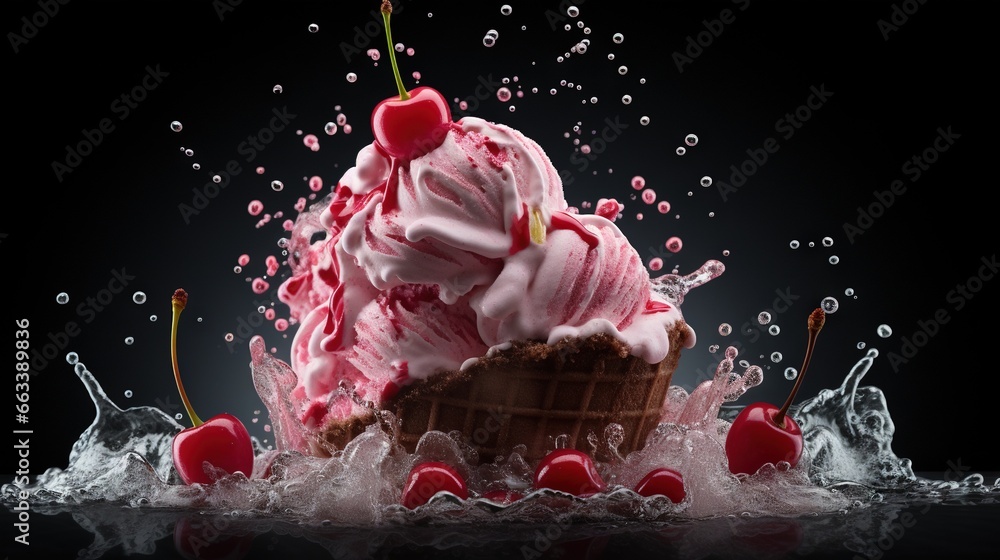 Poster an ice cream sundae with cherries splashing out of it. generative ai