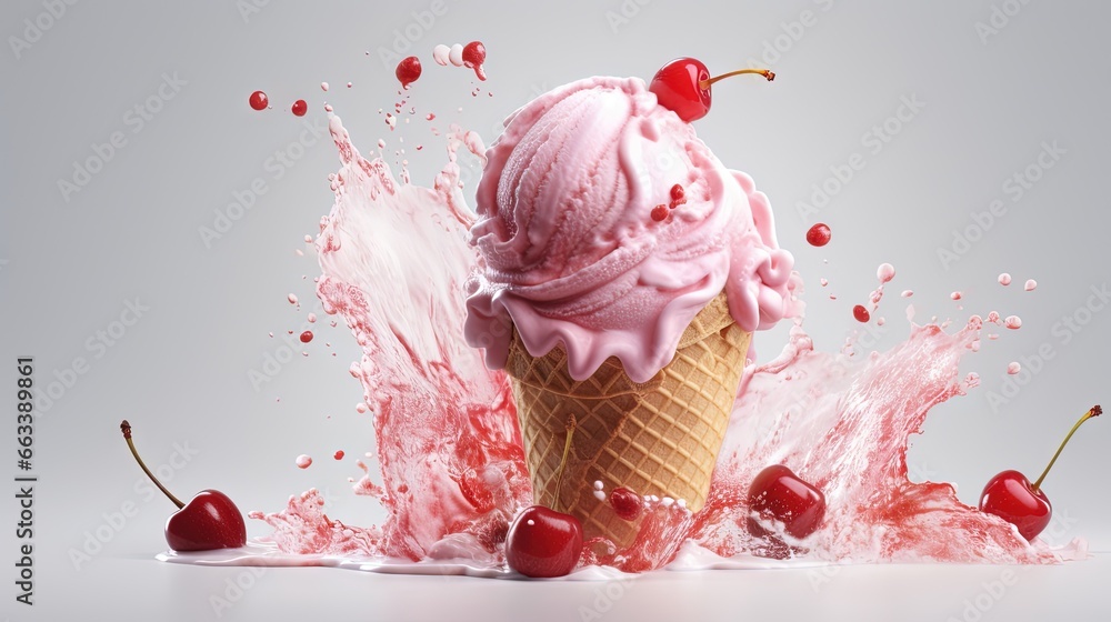 Poster an ice cream cone with cherries splashing out of it. generative ai