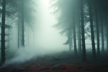 Smoke laden pine forest, 3D mystery tree in a chilling winter
