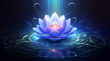 Magical lotus flower on the water, neon light, reflection, magical light. Generation AI