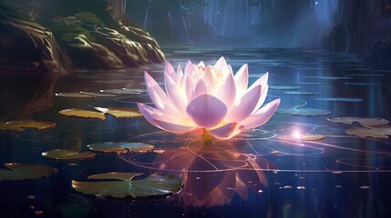 Magical lotus flower on the water, neon light, reflection, magical light. Generation AI - obrazy, fototapety, plakaty
