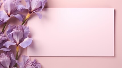  a pink background with purple flowers and a white card with a place for text.  generative ai