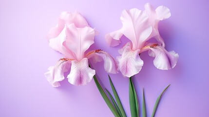  two pink flowers on a purple background with green stems in the foreground.  generative ai