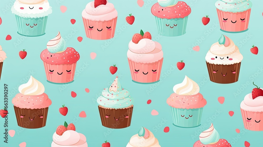 Poster a bunch of cupcakes with different toppings on them. generative ai