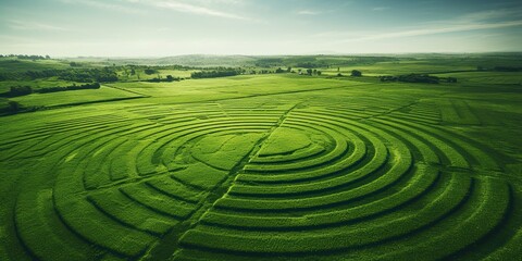 Aerial view of crop circles in a vast green field , concept of Mysterious formations - obrazy, fototapety, plakaty