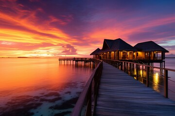 Fototapeta na wymiar Sumptuous Maldives sunset, water villas, and golden sand, vacation perfection