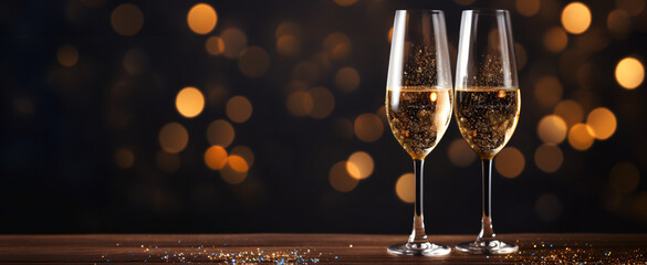 Happy New Year 2024! Two glasses with champagne, ash and serpentine bokeh on a dark background - obrazy, fototapety, plakaty
