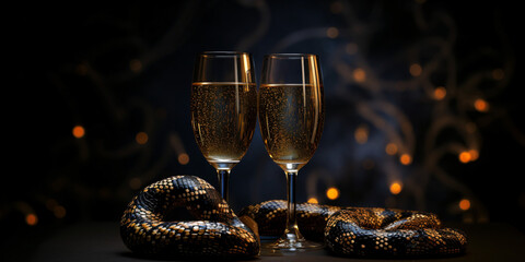 Fototapeta na wymiar Happy New Year 2024! Two glasses with champagne, ash and serpentine bokeh on a dark background
