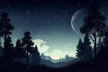 Moonlit night sky with starry backdrop and dark forest. Generative AI