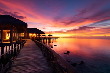 Fototapeta na wymiar Sumptuous Maldives sunset, water villas, and golden sand, vacation perfection