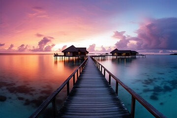 Fototapeta na wymiar Sunset horizon in the Maldives, a serene island escape for travelers