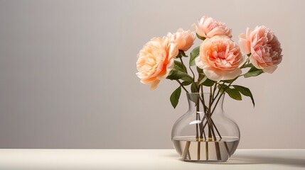 Delicate peonies in a glass vase on the table, minimalism. Generation AI