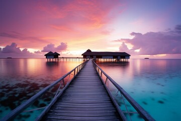 Fototapeta premium Sunset horizon in the Maldives, a serene island escape for travelers