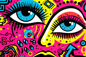 Neon makeup quirky doodle pattern, wallpaper, background, cartoon, vector, whimsical Illustration