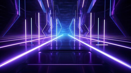 Naklejka premium Dark neon corridor. Sci Fy neon glowing lamps in a dark tunnel. Reflections on the floor and walls, rays and spotlights. Generation AI