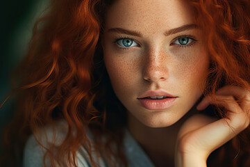 Naklejka premium Freckled Close-up Portrait of a Redheaded Woman Gently Caressing Her Delicate Complexion. created with Generative AI
