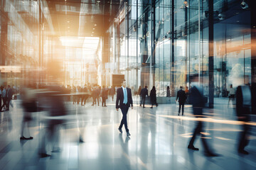 Modern business workplace with people in walking in during day time. motion blur