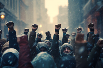 Multi-ethnic people raise their fists up in the air in a protest. winter season. snowing. close-up view.  - obrazy, fototapety, plakaty