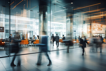 Modern business workplace with people in walking in during day time. motion blur